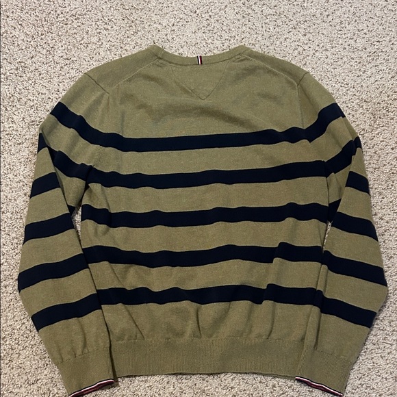 Tommy Hilfiger Men's Olive and Navy Striped Crewneck Sweater - Picture 5 of 6